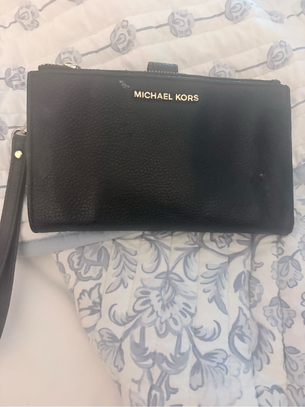 Michael Kors Black Pebbled Leather Wristlet Clutch with Gold Logo